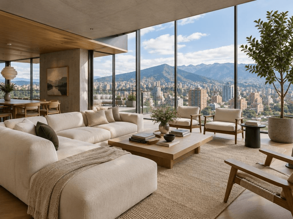 Interior de penthouse con vista a la ciudad