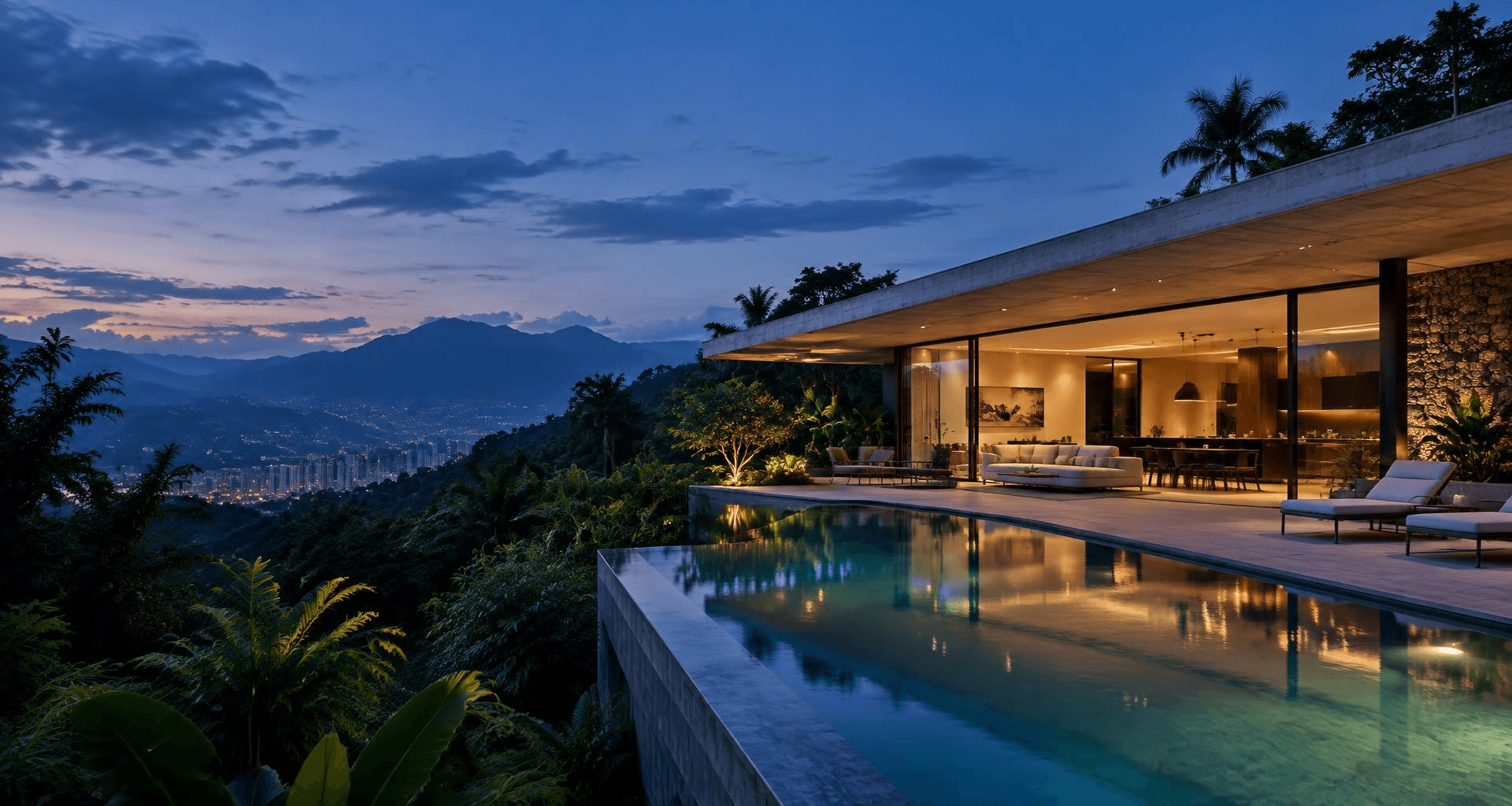 Villa moderna al atardecer con piscina infinita y vista a la ciudad